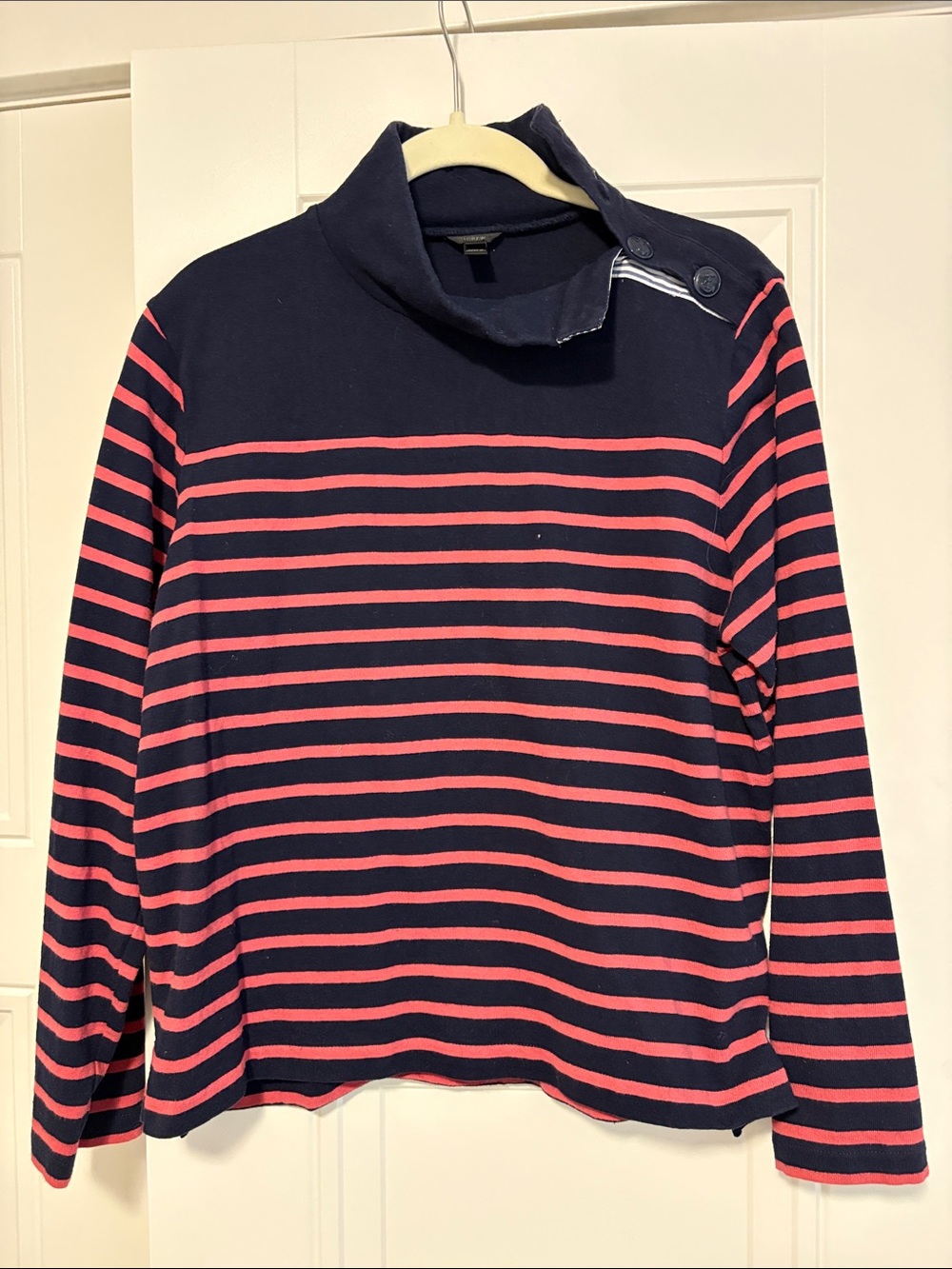JCrew Striped Navy and Coral Button-Shoulder Pullover